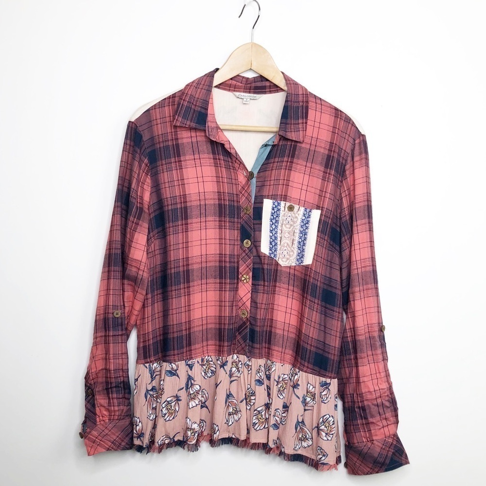 JOHN • Mark mixed media plaid embroidered button-down shirt - Picture 11 of 11